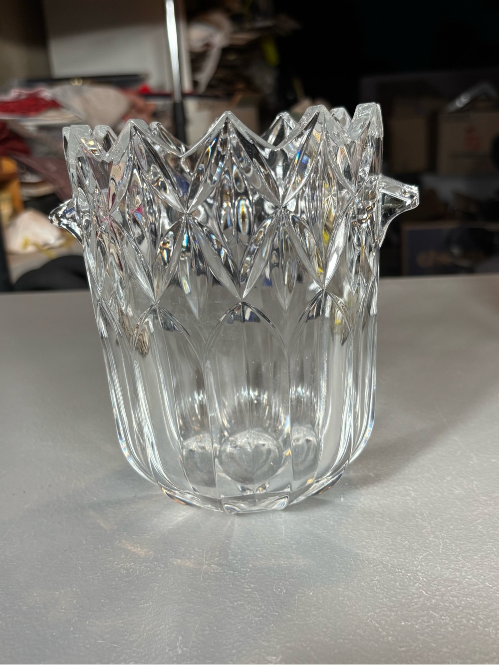 Unbranded Clear Pressed Glass Double Handled Vase Starburst Pointed Rim